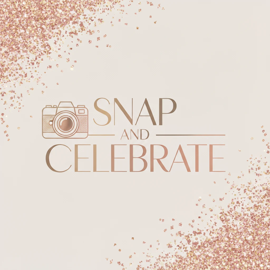 Snap and Celebrate — ons logo met camera en champagnekleurige glitters