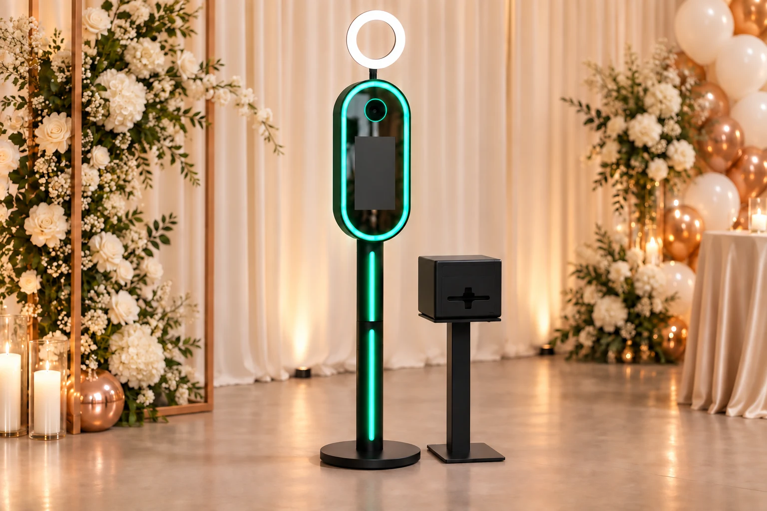 Fotobooth en printer in een warme champagnekleurige feestsetting, AI-sfeerbeeld